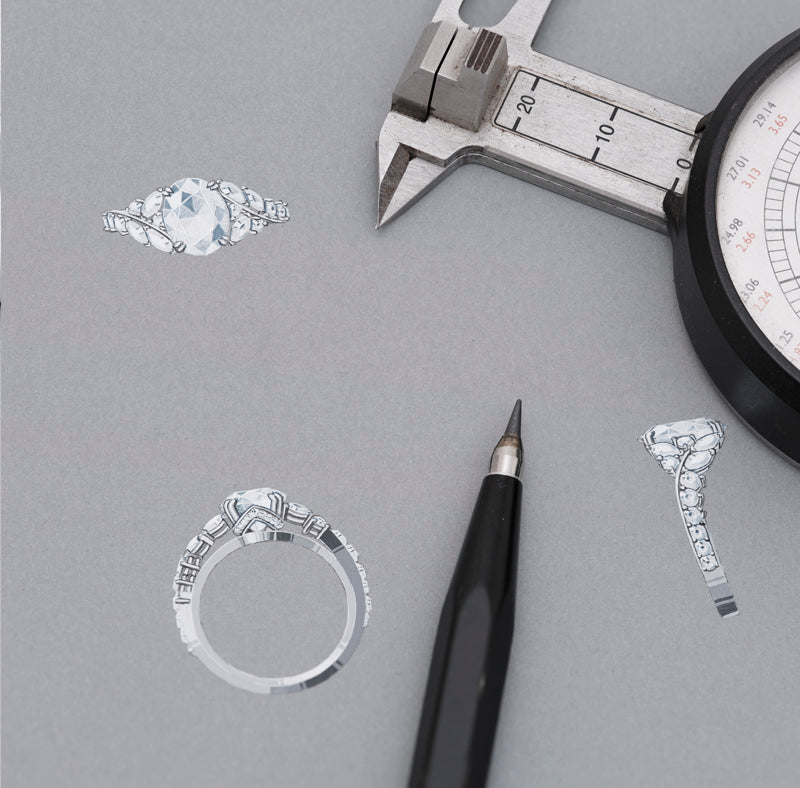 Dessin gouaché d'une bague de fiançailles sur-mesure réalisée avec un diamant taille ovale et des diamants taille navette et ronds