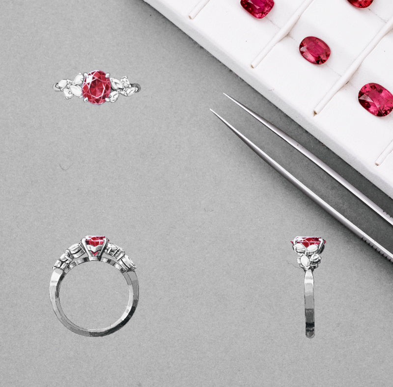 Dessin gouaché de la bague de naissance sur-mesure avec les spinelles rouges