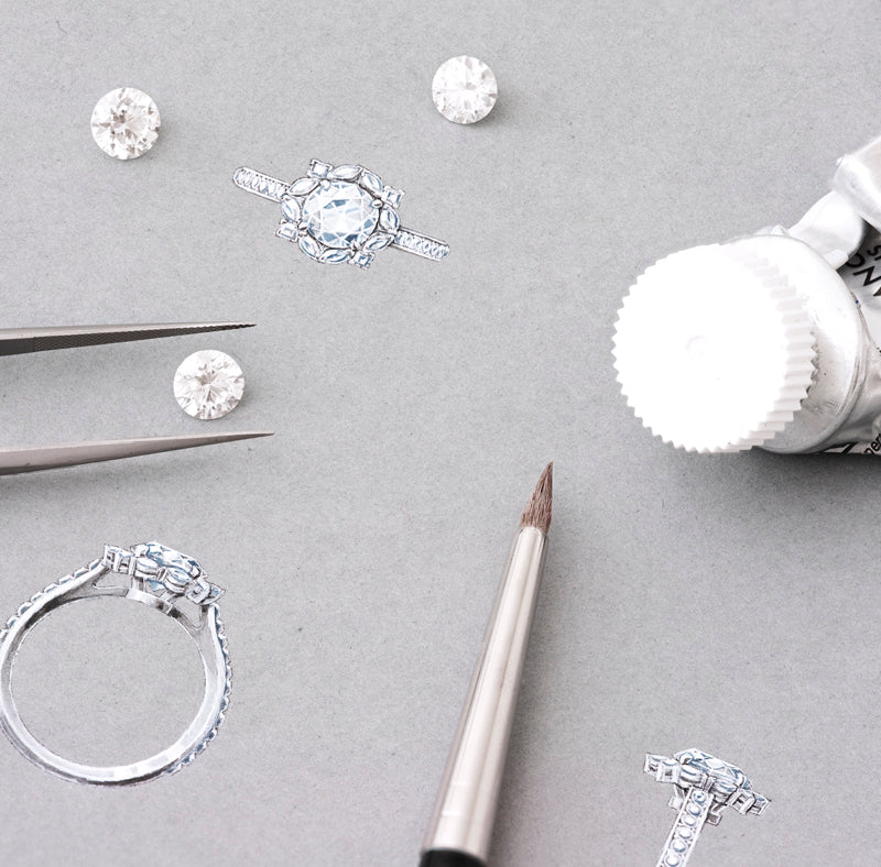 Dessin gouaché de la bague de fiançailles avec une sélection de diamants taille brillant