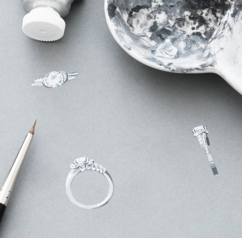 Dessin gouaché de la bague de fiançailles ruban en diamants