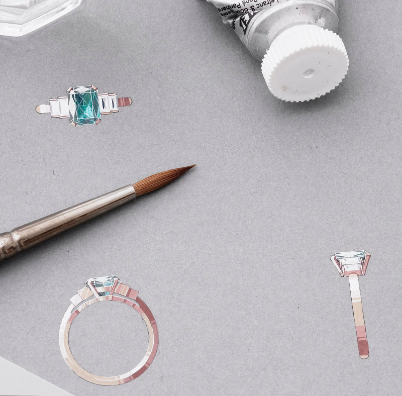 Dessin gouaché réalisé à la main d'une bague de fiançailles sur-mesure