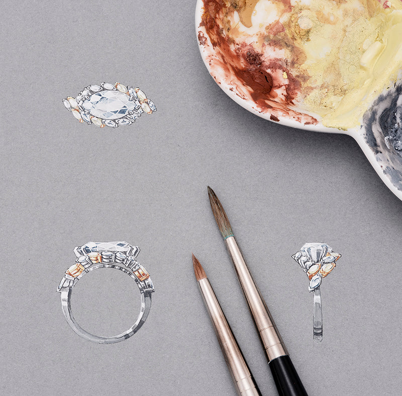 Dessin gouaché de la bague de fiançailles avec un diamant taille marquise et les diamants jaunes