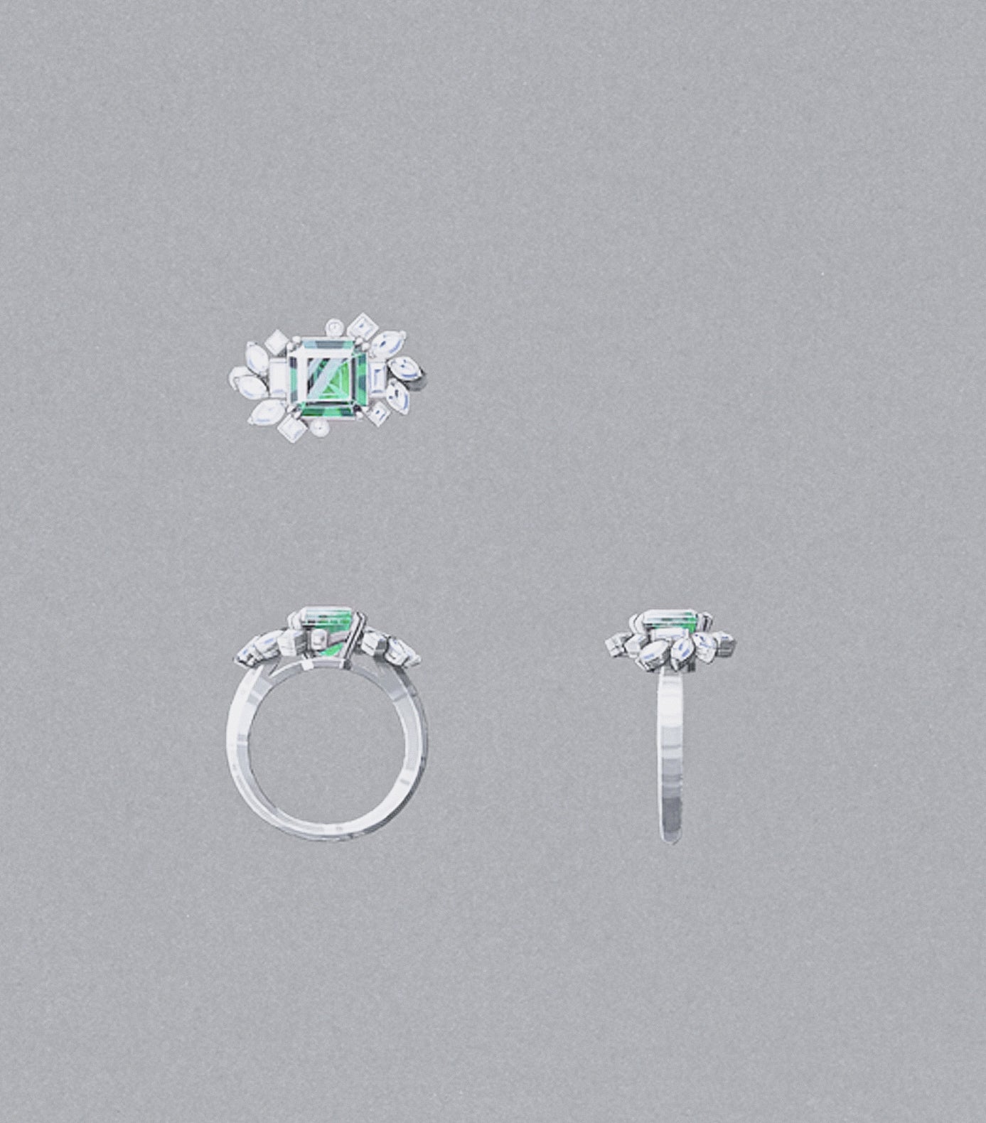 Dessin trois vues d’une bague de fiançailles sur-mesure mettant en avant le savoir-faire guesclin