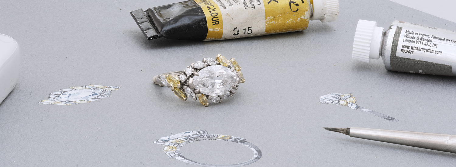Bague unique réalisée avec un diamant taille marquise de type IIA, des diamants et des diamants jaunes